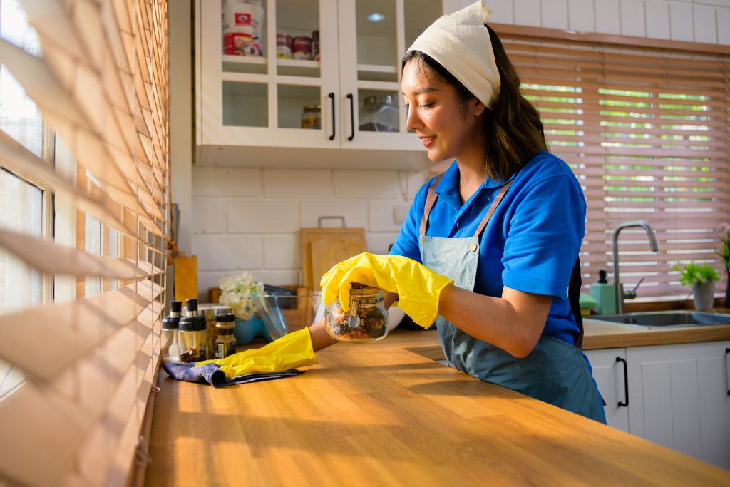 A professional cleaner cleaning a modern kitchen, ensuring a dust-free and allergen-free home